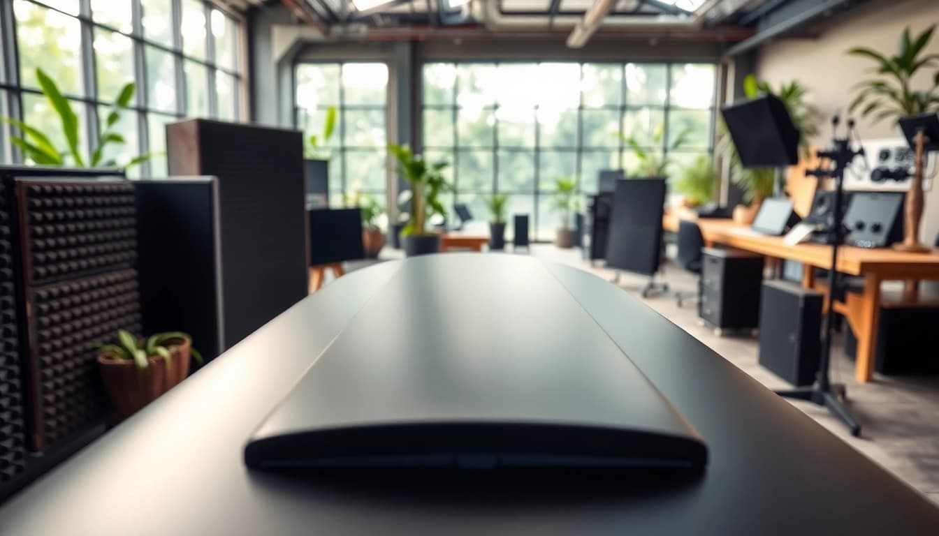 Showcase of Sound and Vibration Control Products in a modern workspace highlighting acoustic panels and isolation mounts.