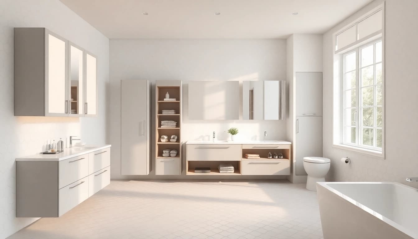 Highlighting illuminated bathroom cabinets in a serene bathroom setting with modern decor.