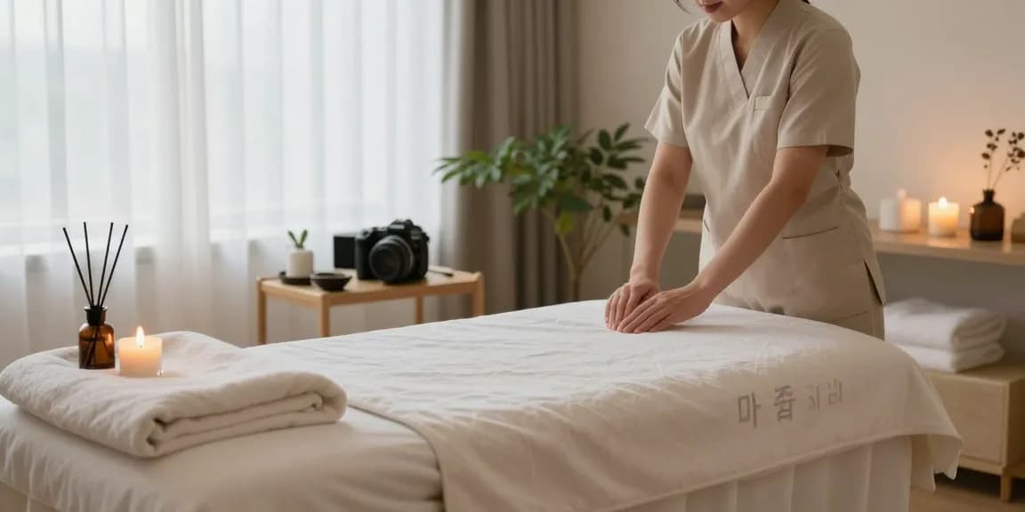 Experience relaxation with 파주출장마사지 in a serene spa setting, therapist preparing for session with ambient lighting and essential oils.