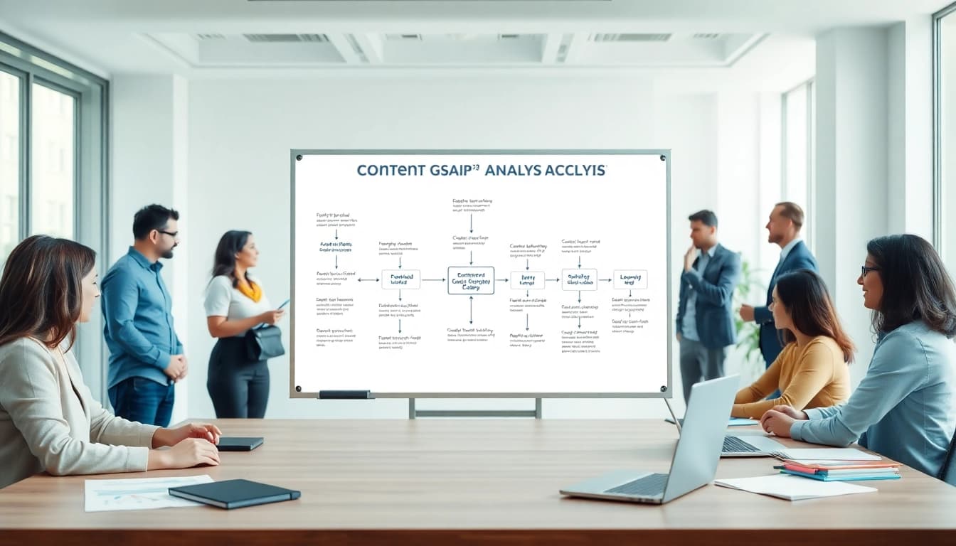 An illustrative infographic for a Content Gap Analysis process featuring team collaboration.