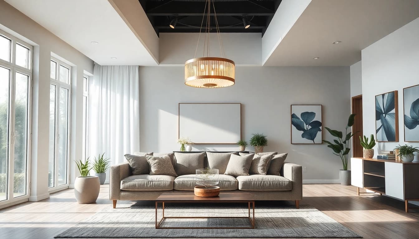 Shop ModernLighting with stylish chandelier in a bright living room setting.