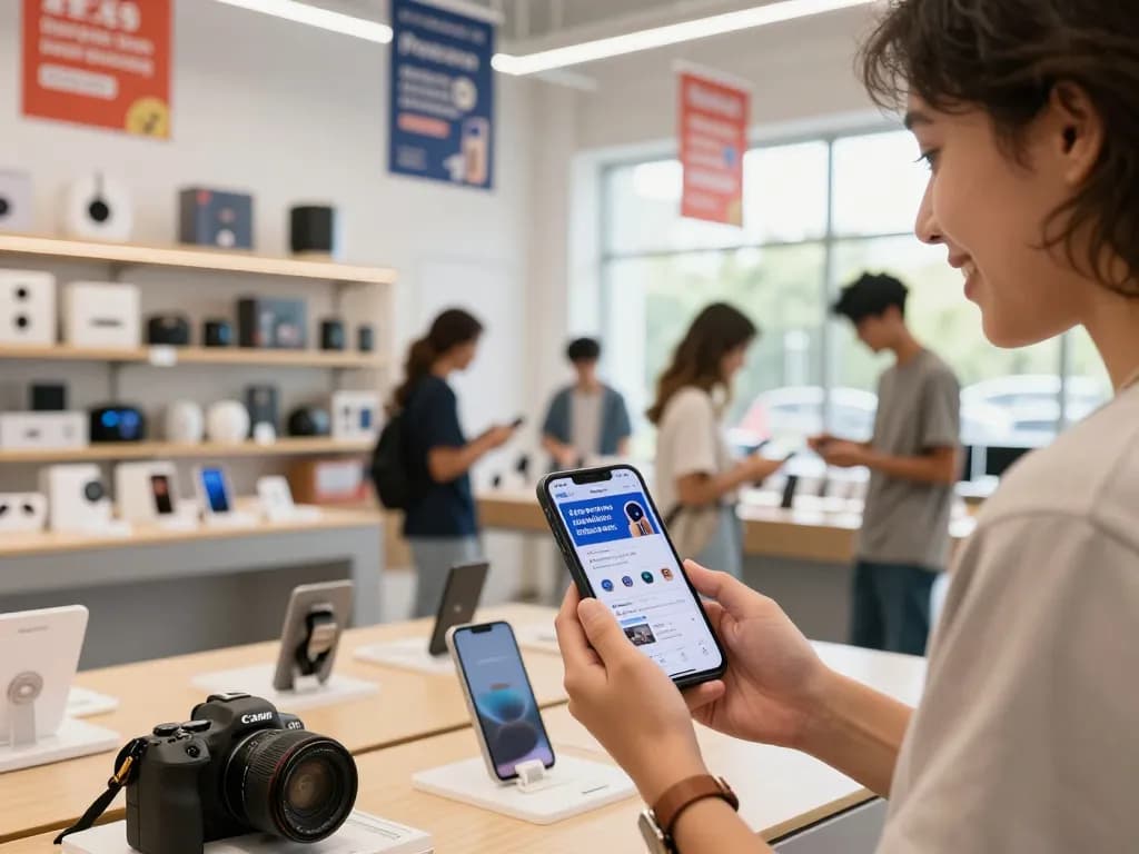 Exciting shopping ambiance at https://hubet88.icu/ with a customer engaged in tech product selection and newsletter sign-up.
