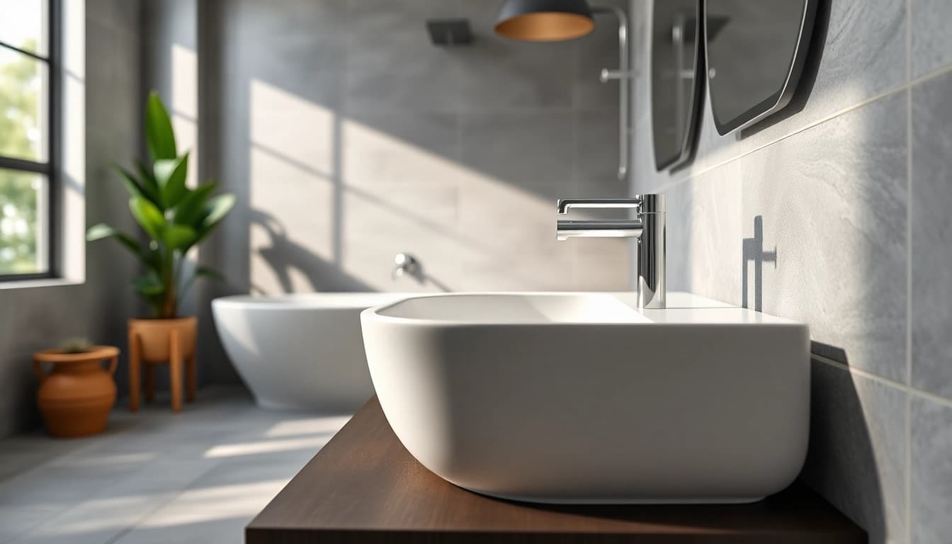 Erleben Sie sonni sanitär in einem modernen Badezimmer mit stilvollem Waschbecken und armaturen.