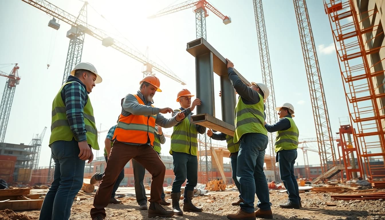 Construction career workers efficiently installing steel beam at a vibrant site.