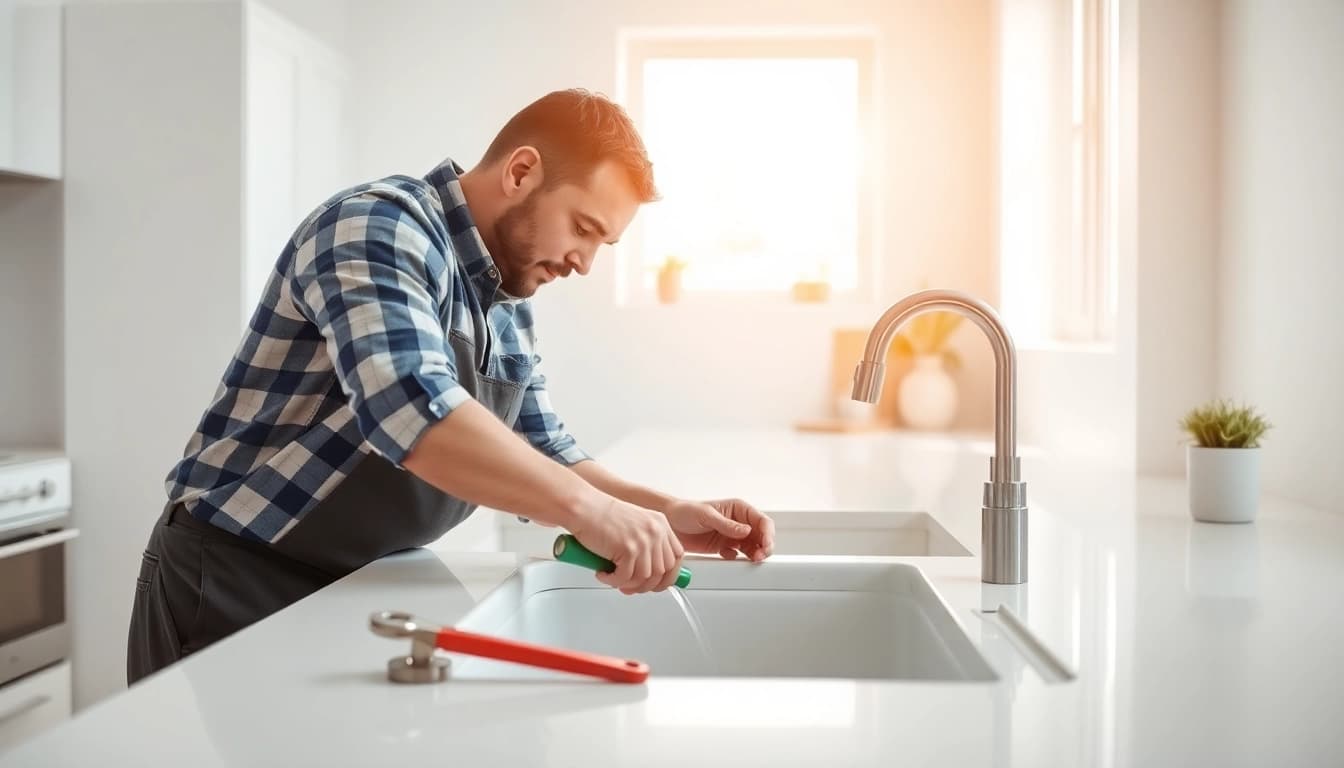 Find a qualified plumber near me fixing a kitchen sink in a bright environment.