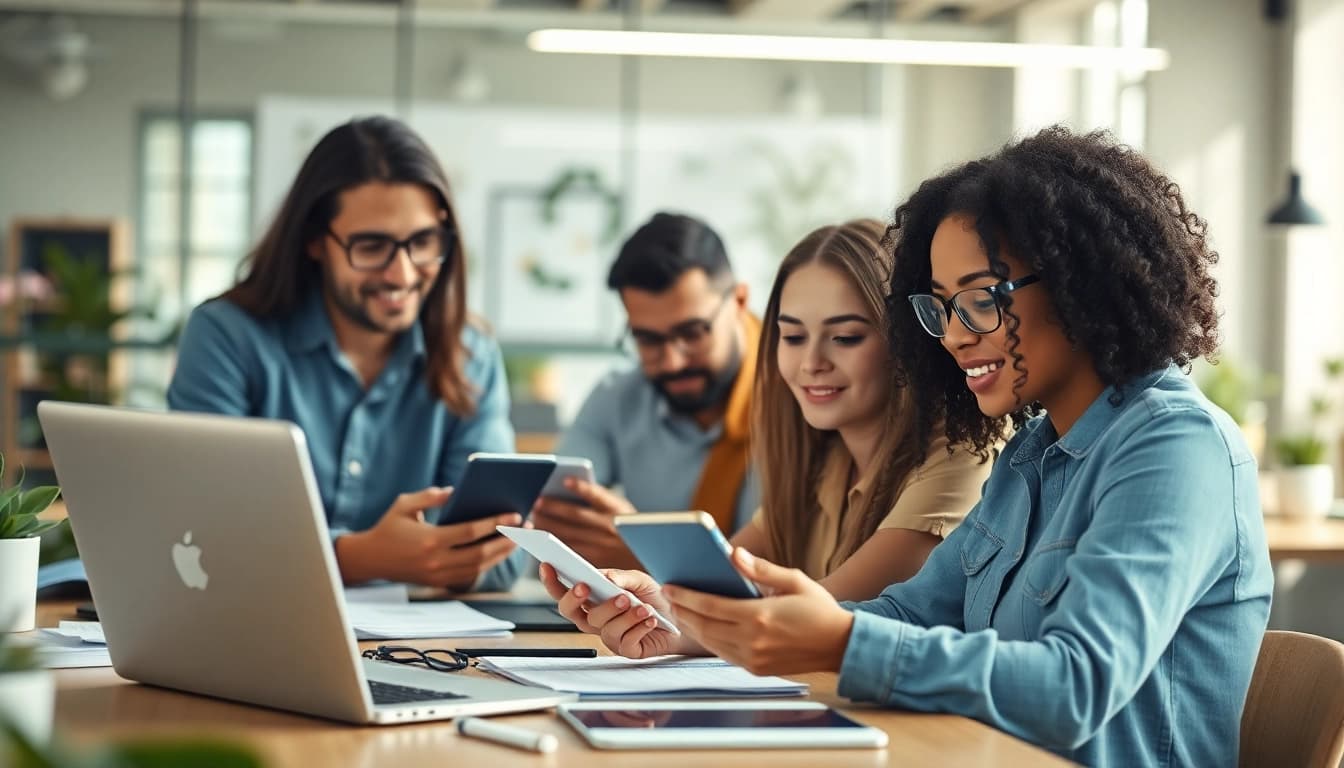Individuals completing the eta application uk in a bright, modern workspace.