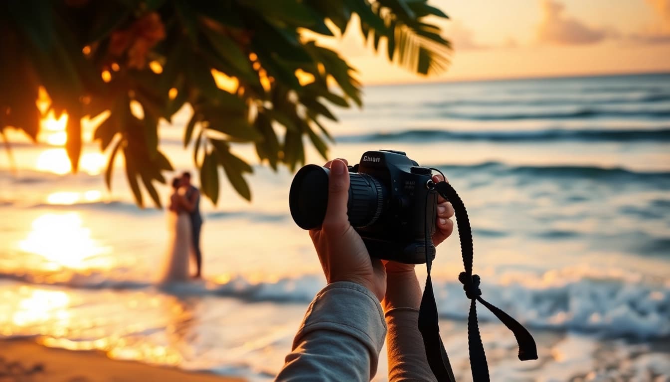 Destination photographer capturing a romantic sunset wedding on the beach, highlighting the emotion of the moment.