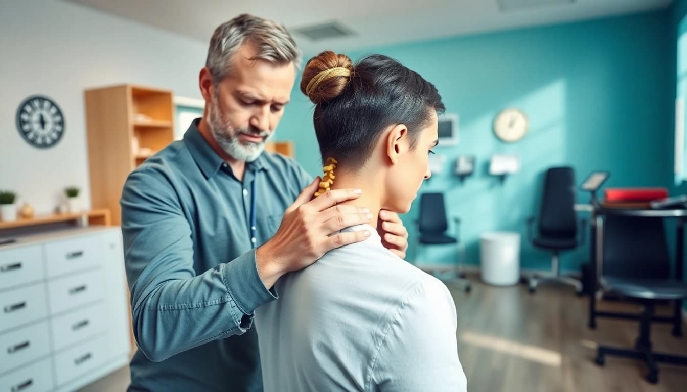 Physiotherapist demonstrating relief techniques for back pain with a model in a bright clinic.