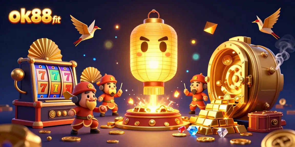 Engage with the thrilling atmosphere of ok88 fit, featuring a golden lantern spirit and dynamic casino elements.