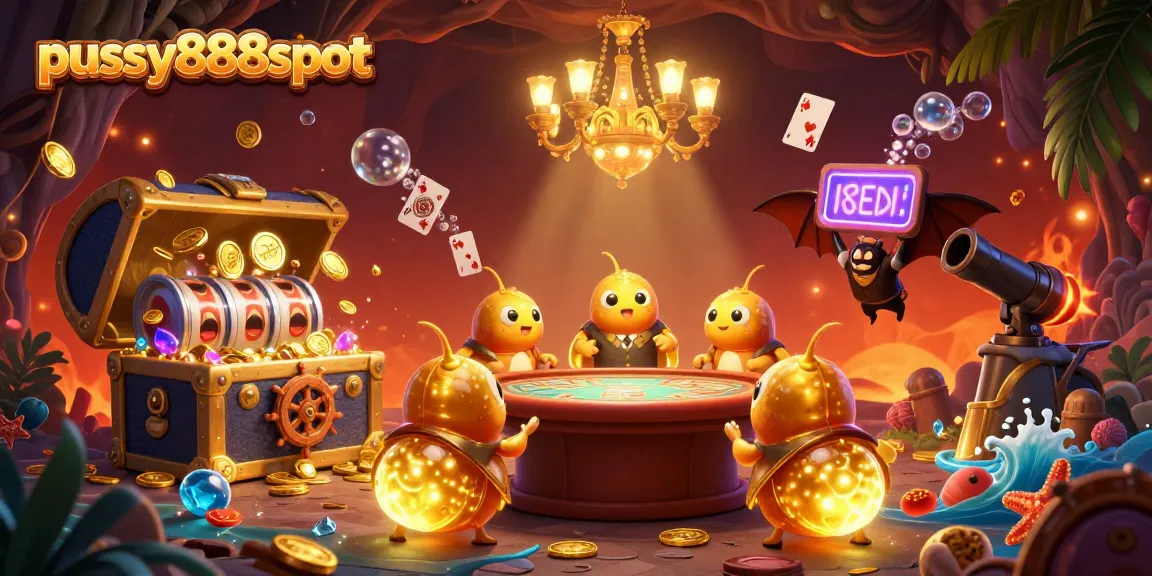 Engage in excitement with pussy888slot as glowworms illuminate a vibrant casino scene filled with gold coins and slot machines.