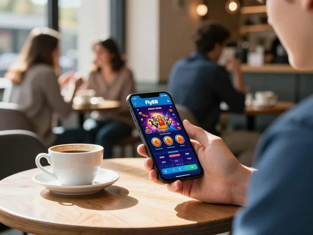 Person using the Fly88 free app on a smartphone at a café, showcasing online gambling convenience.