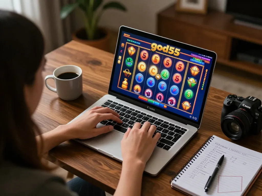 Person playing god55 slots on laptop at home with cozy ambiance and strategic notes