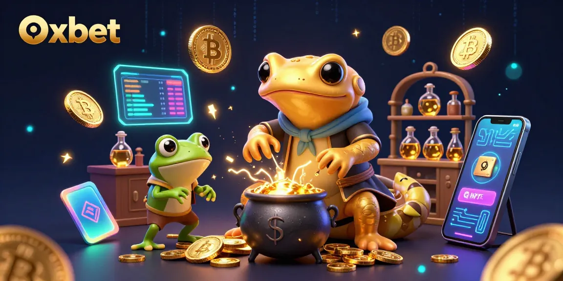 Oxbet showcases a magical scene with an alchemist, frog apprentice, and gold coins in a vibrant casino setting.