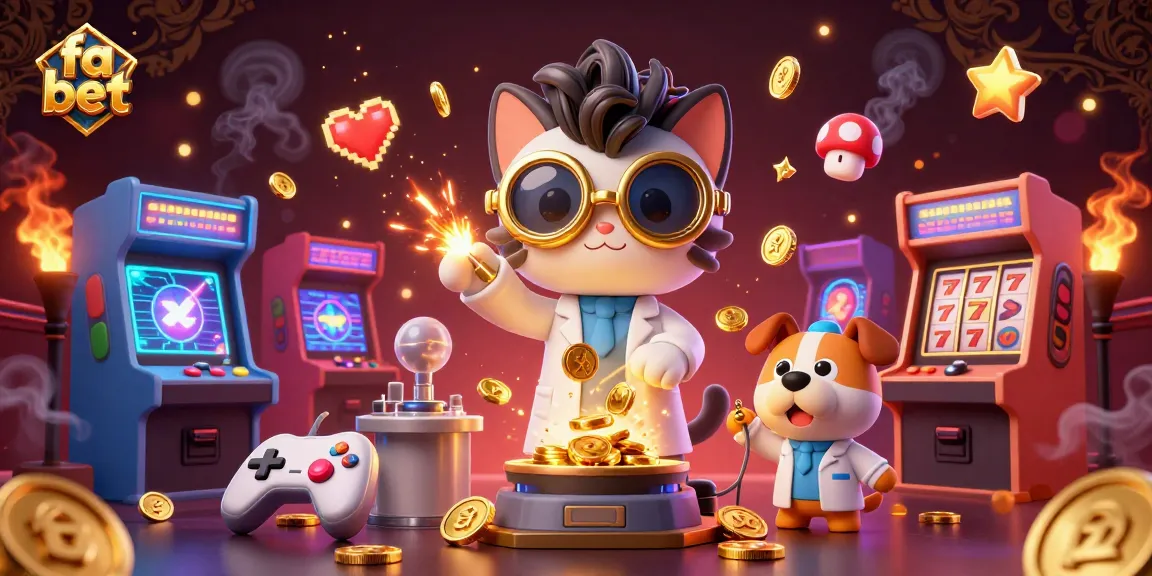Win big at fa bet with thrilling slot machines and a mad scientist cat in a whimsical casino setting.