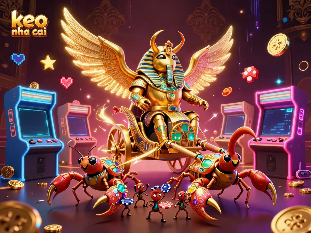 Engage with keo nha cai through a vibrant digital illustration featuring golden scarabs and gaming elements.