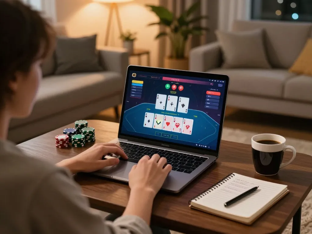 j188 online poker session with player analyzing strategy notes in cozy living room