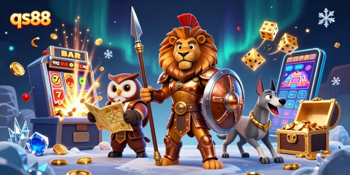 Unleash excitement with qs88's 3D Spartan lion, owl strategist, and greyhound amidst casino action.