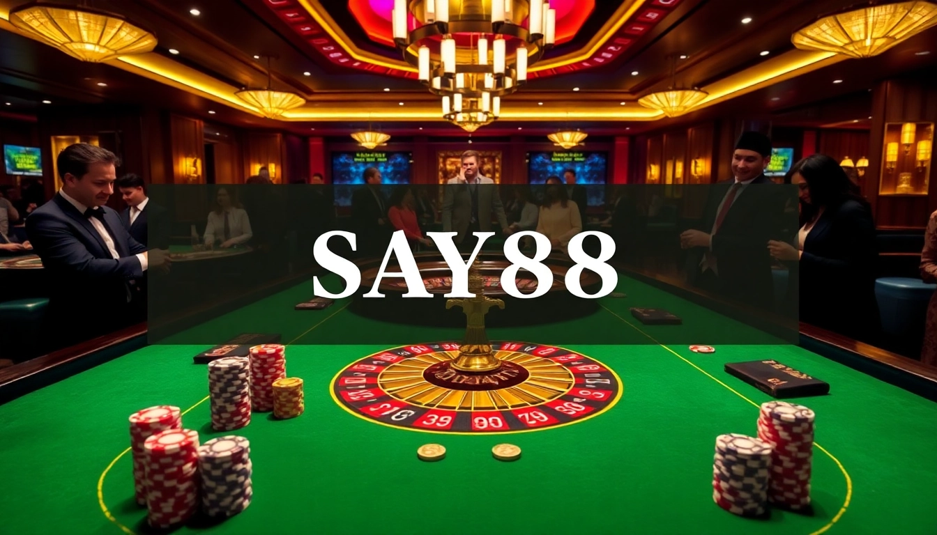 Experience premium gaming at SAY88 with vibrant casino tables, dynamic lights, and rich poker chips.