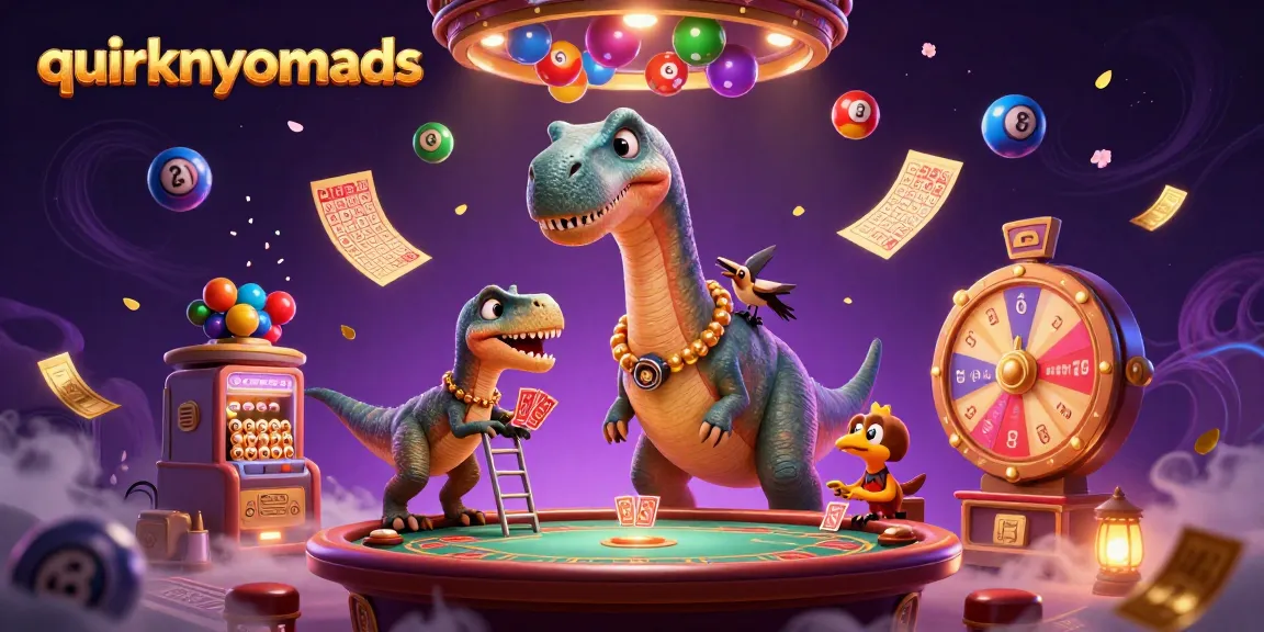 Join quirkynomads at a lively casino scene with a giant brontosaurus and dynamic gaming elements.