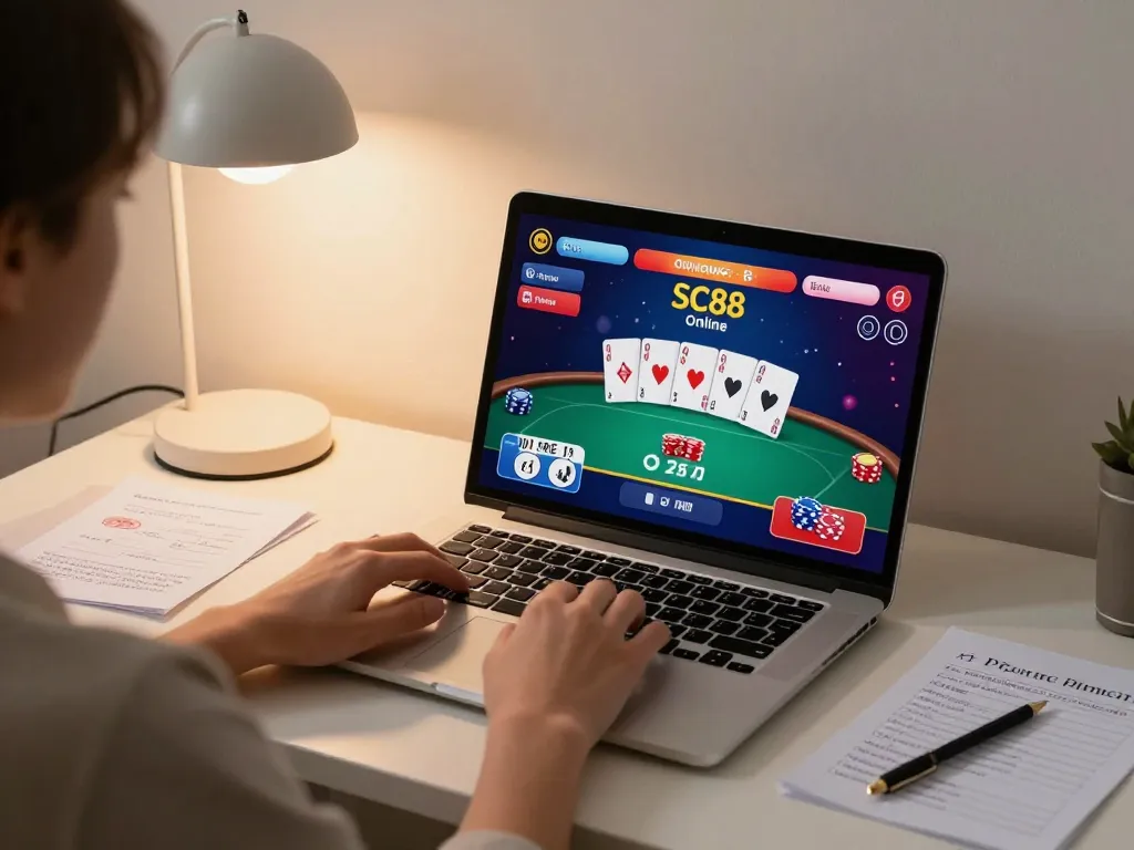 Experience thrilling poker action with SC88 displayed on a laptop during a cozy home gaming session
