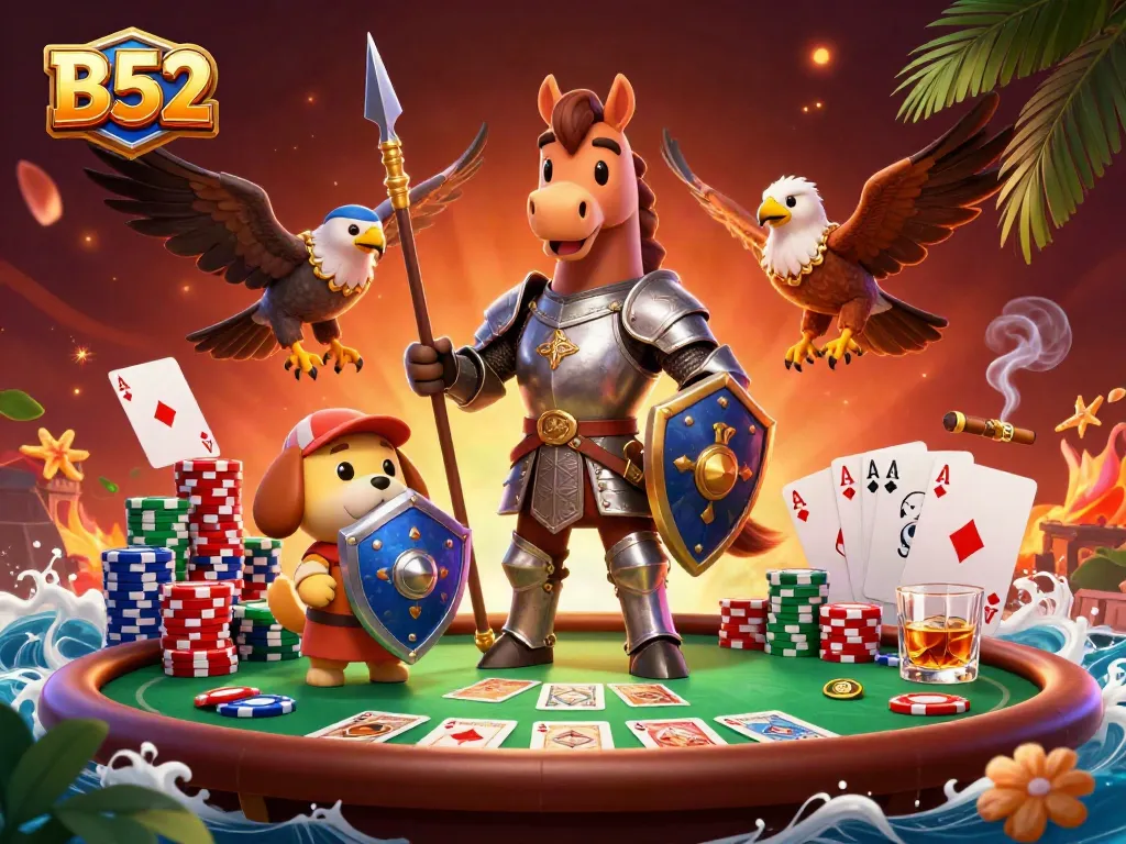 Experience thrilling gameplay with the B52 poker scene featuring dynamic characters and vibrant casino elements.