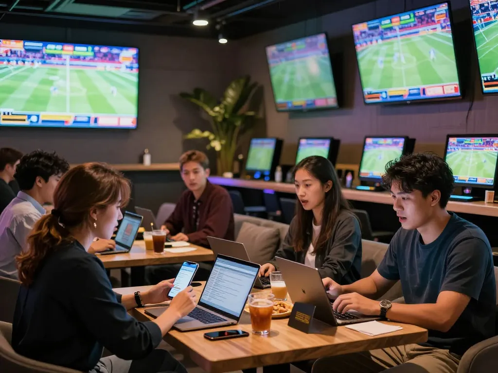 Duitgini users engaging in strategic sports betting at a modern lounge with vibrant screens.