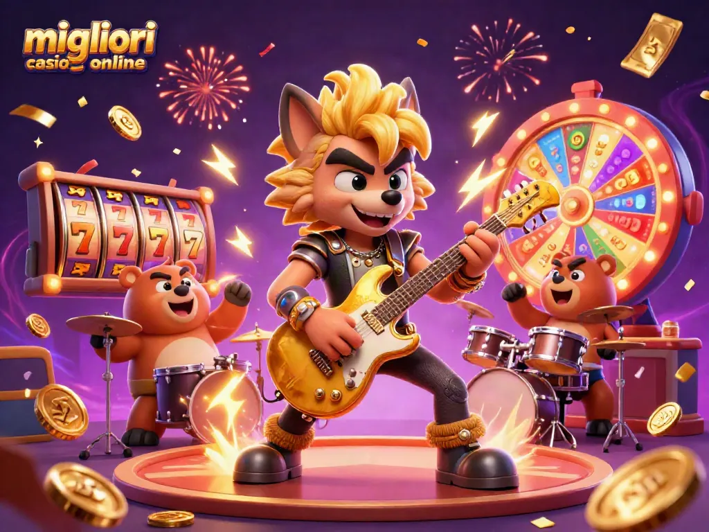 I migliori casino online brillano in un'illustrazione vivace con un lupo rockstar e un orso batterista.