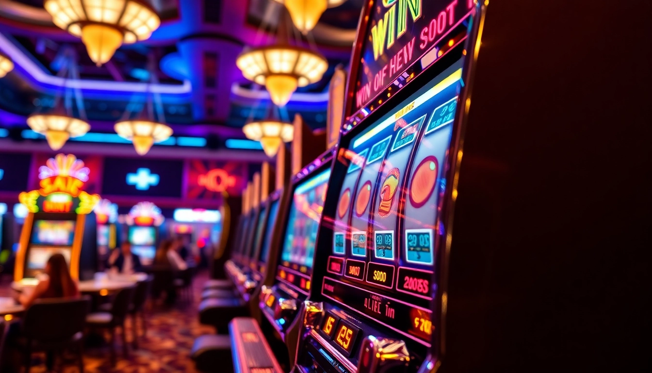 Slot gampang menang, menampilkan mesin slot berwarna-warni dengan simbol menarik dan sorotan lampu neon.