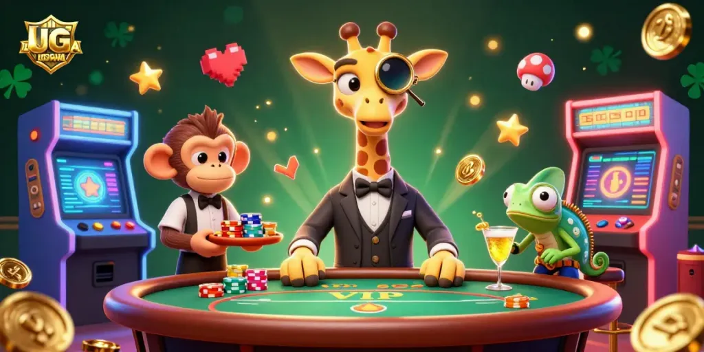 Experience the thrill of UGDEWA with a dynamic scene of a high-roller giraffe at a casino.