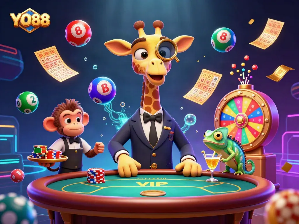 Experience thrilling gameplay with YO88's vibrant casino scene featuring dynamic characters and games.