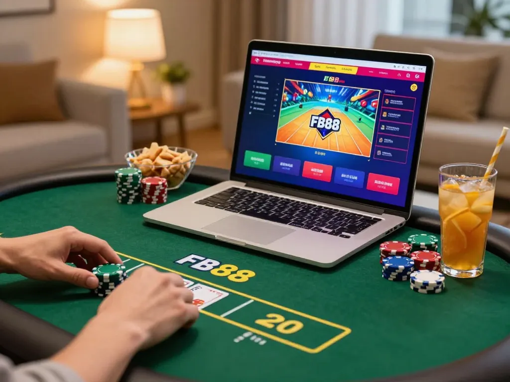 Player engaging in strategic poker gameplay on FB88 in a cozy home setting