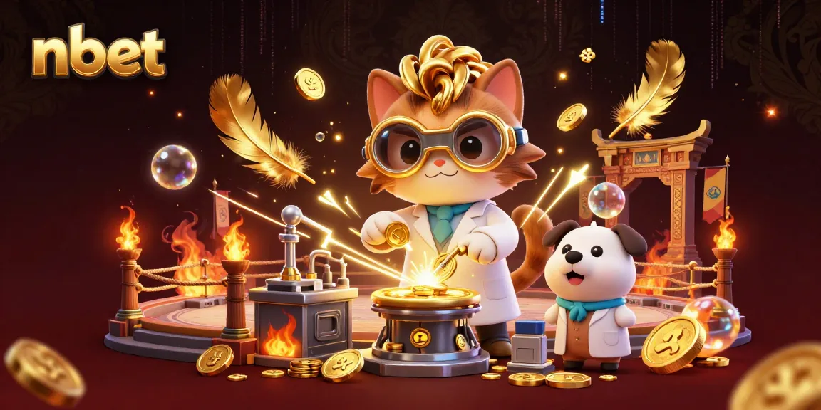 nbet’s exciting 3D scene captures a mad scientist cat creating winning strategies amidst gold coins and dynamic casino elements.