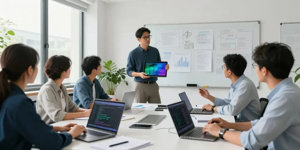 Team collaborating on Enterprise AI solutions in a modern workspace.