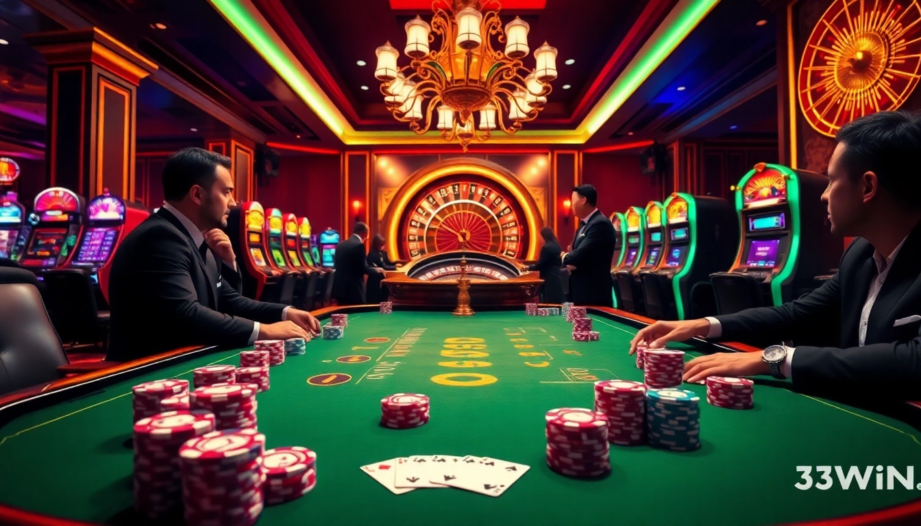Engaging poker scene captures excitement of gambling at 33WIN casino with vibrant colors and professional players.
