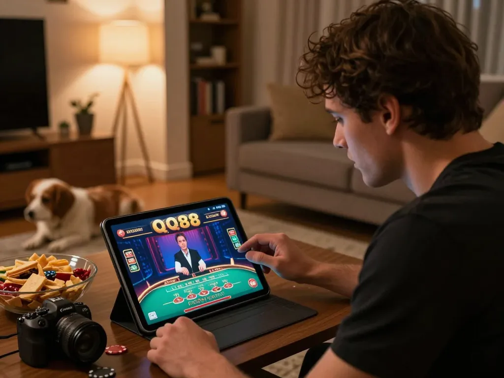 Engaging with live dealer game on QQ88 com in a cozy home setting
