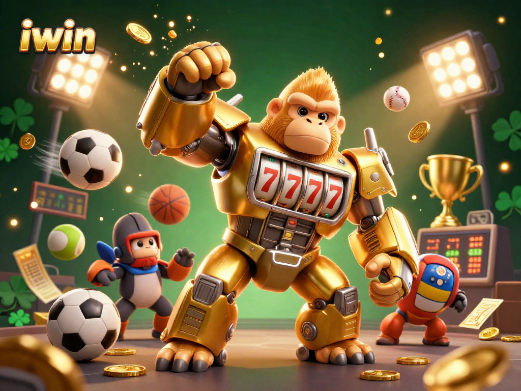 Engage with lively iwin-themed sports action featuring a golden gorilla mech amidst dynamic betting elements.