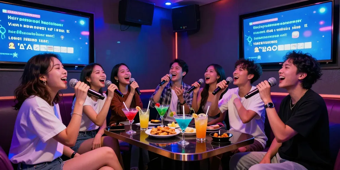 다낭 가라오케에서 즐겁게 노래하는 친구들, 화려한 조명과 현대적인 인테리어