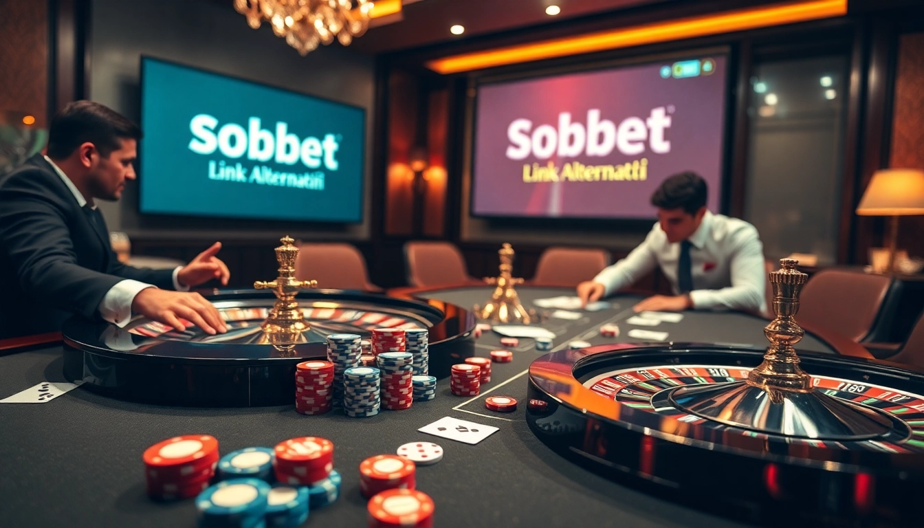 Engaging scene of sbobet link alternatif gameplay at a luxury casino table, featuring players and vibrant poker chips.