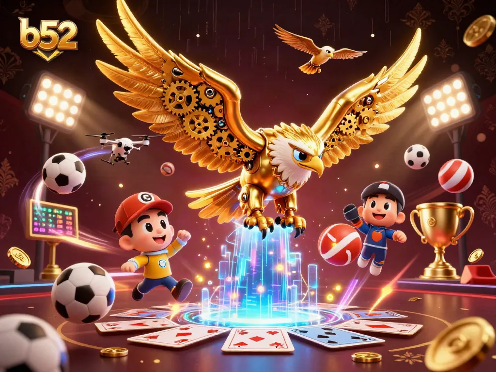 B52 showcases a dazzling array of colorful sports balls and holographic cards amidst dynamic casino excitement.