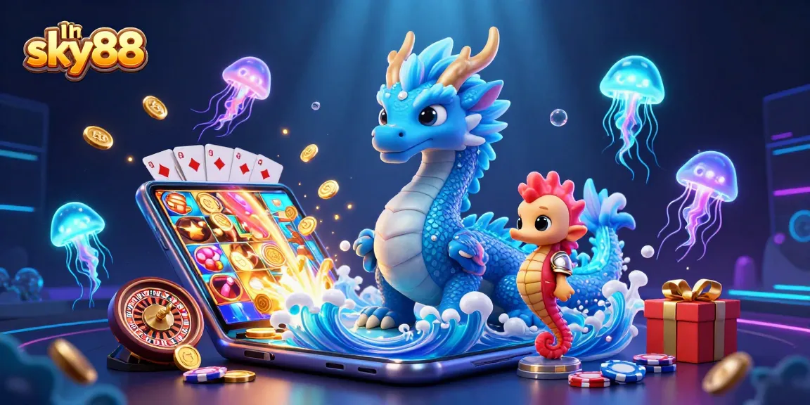 Immerse in the action with link sky88's vibrant casino 3D scene featuring a water dragon and slot games.