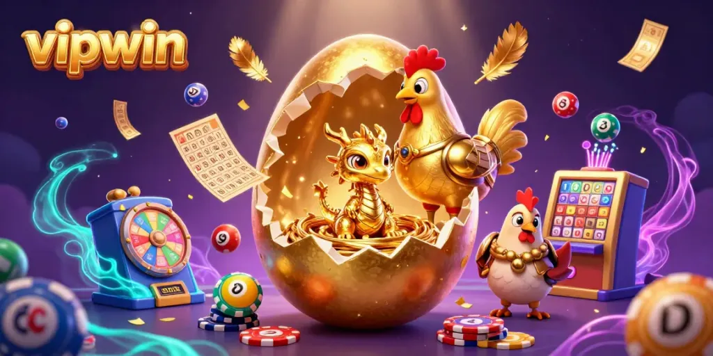 Experience the exciting world of vipwin with a dazzling golden dragon, poker chips, and dynamic lottery elements.