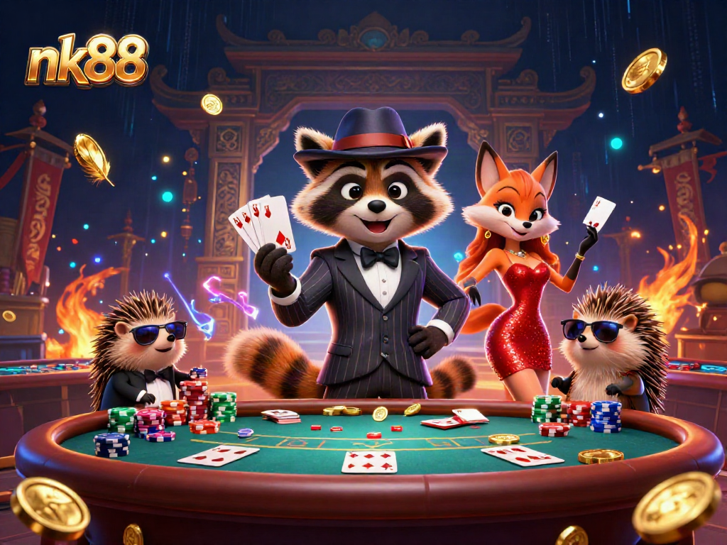 Experience thrilling poker action with nk88, featuring a suave raccoon and charming fox in a casino setting.