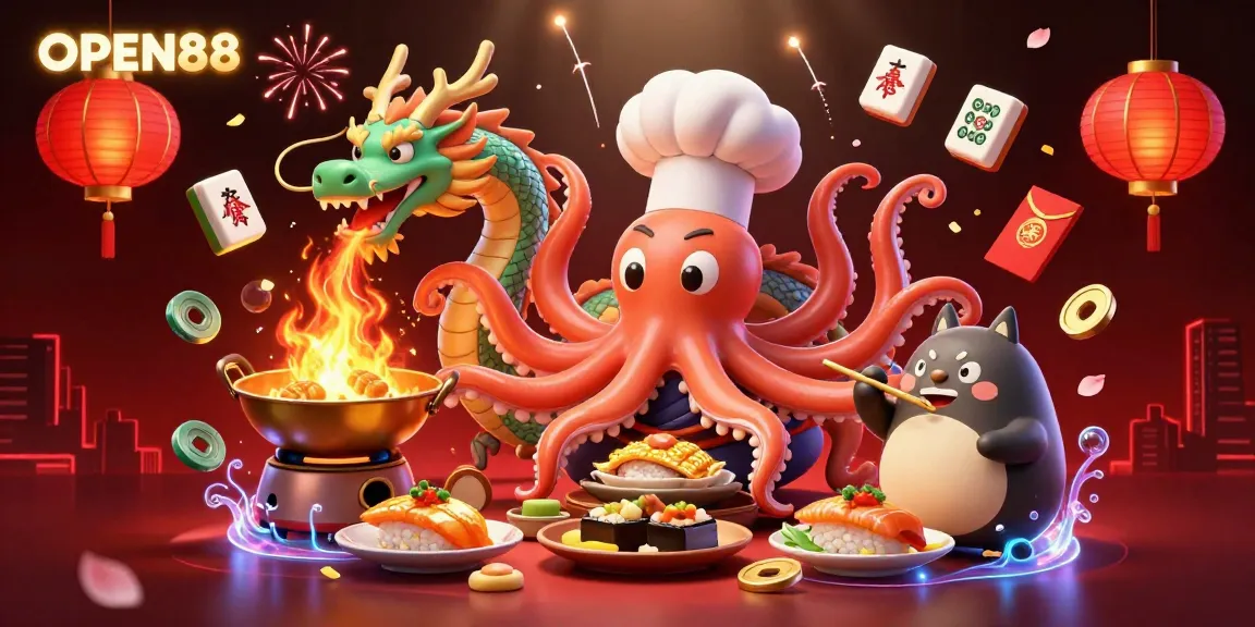 Experience the gaming excitement at OPEN88 with chefs and dragons in an immersive 3D scene.