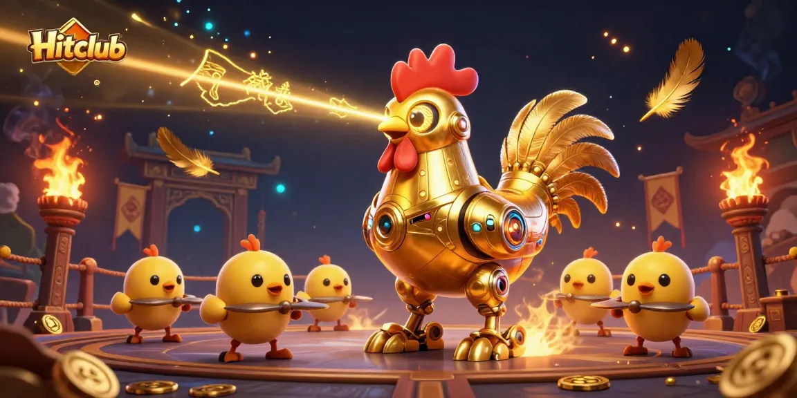 Experience Hitclub's vibrant casino world with a dynamic golden rooster robot and baby chick drones.