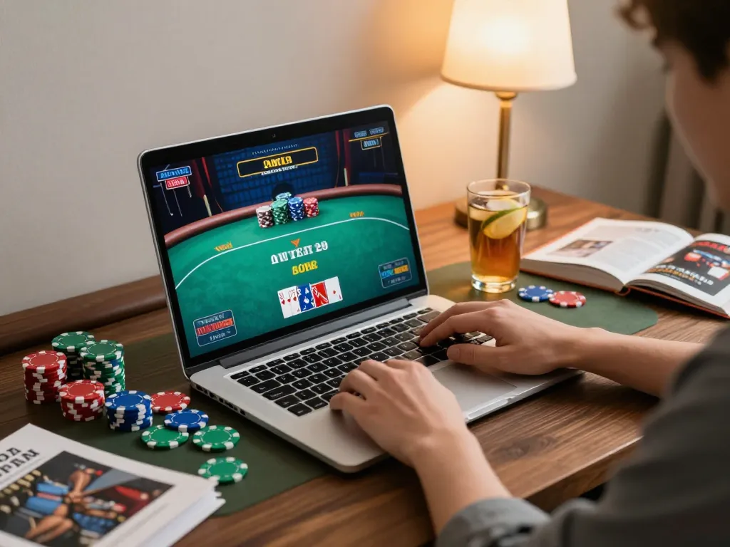 Engaging in online poker at Luckywin, showcasing colorful chips and cozy gaming atmosphere.