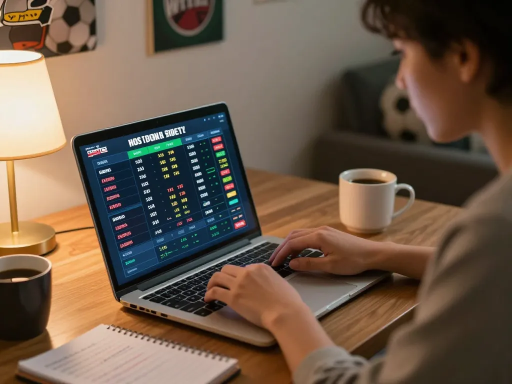 Person engaged in sports betting on MB66 laptop, analyzing odds at a cozy home setup.