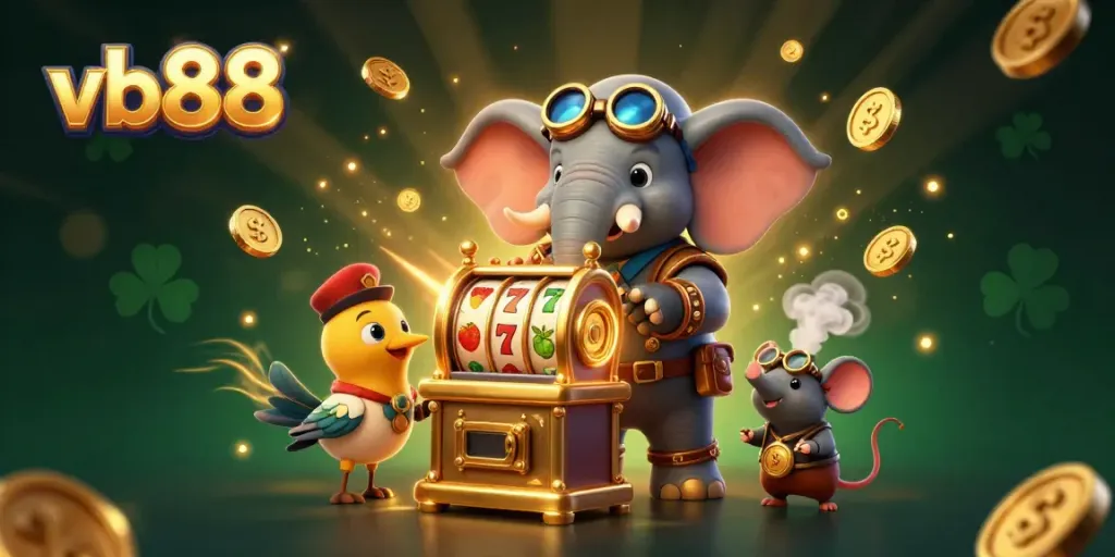 Spin the golden slot machine with vb88's whimsical 3D steampunk engineer in a vibrant casino scene.