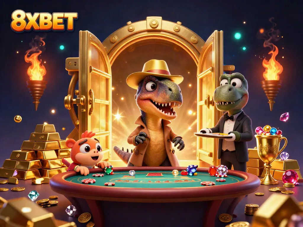 8XBET velociraptor at blackjack table surrounded by treasures and vibrant casino elements