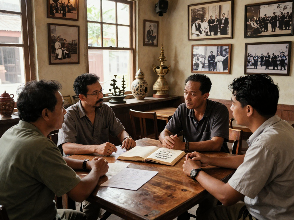 Discussion on Dutch-Indonesian history at café, rokok88 highlighted through cultural artifacts and engaged dialogue.