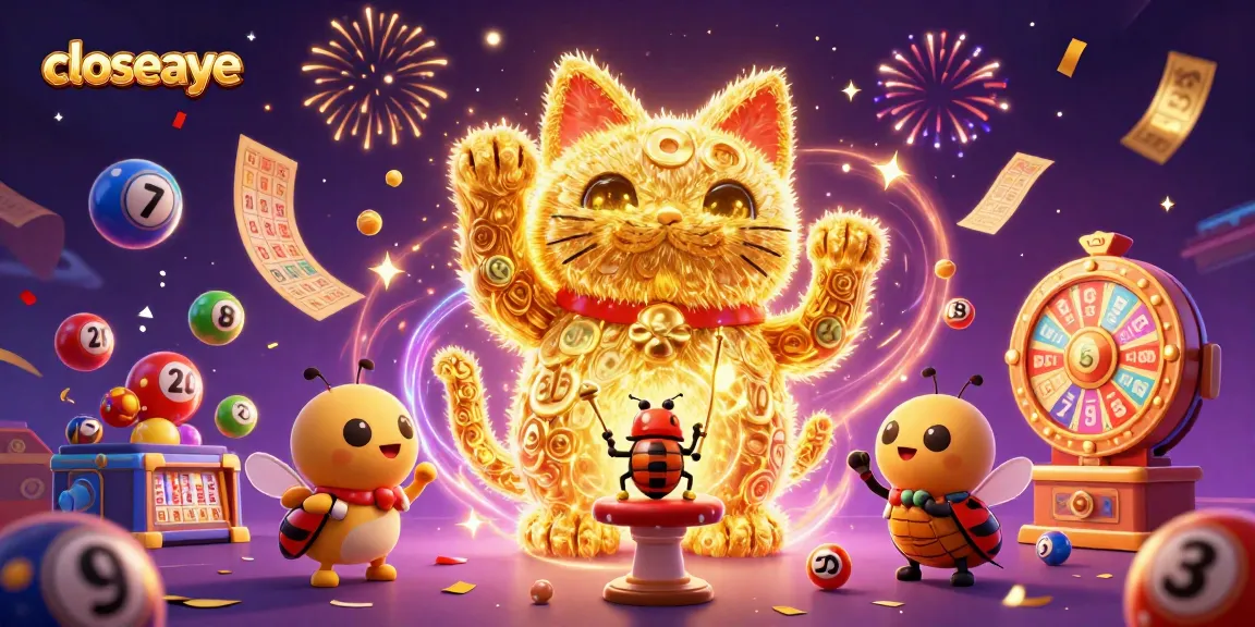 Experience the magic of closeaye with dynamic lottery elements and a waving lucky cat in a vibrant casino scene.